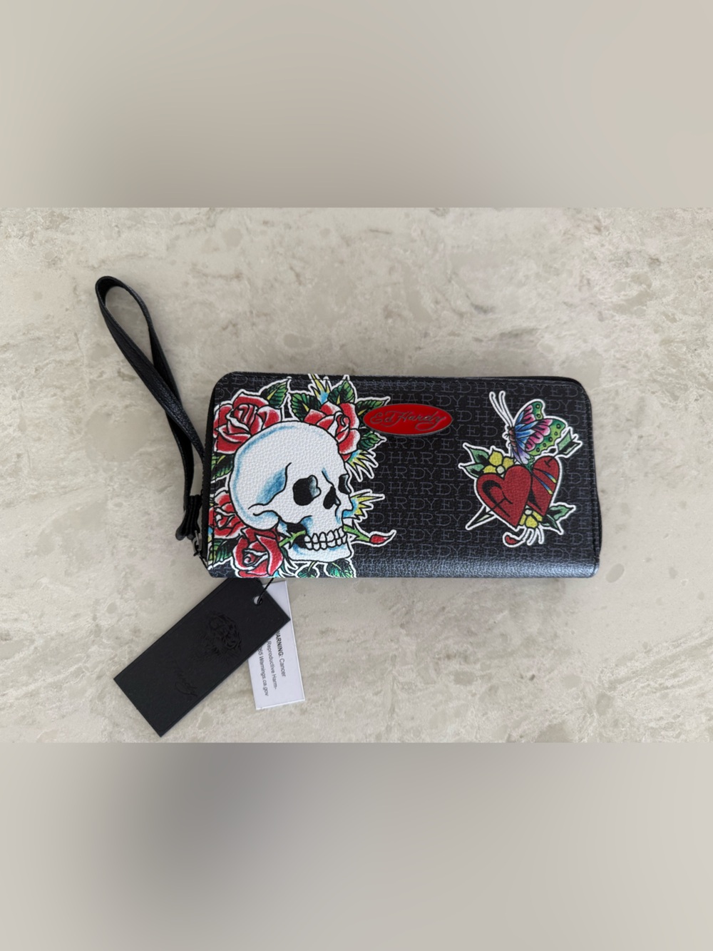 Ed Hardy Zip Around Wallet Wristlet Black Skull Butterfly Hearts Tattoo NWT